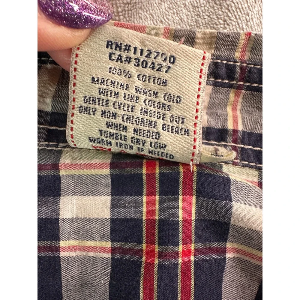 True Religion Western Shirt Mens XXXL Blue Red Plaid Pearl Snap Stitch